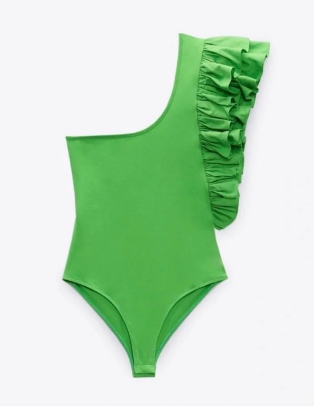 Zara Bright Green One-Shoulder Ruffle Bodysuit
